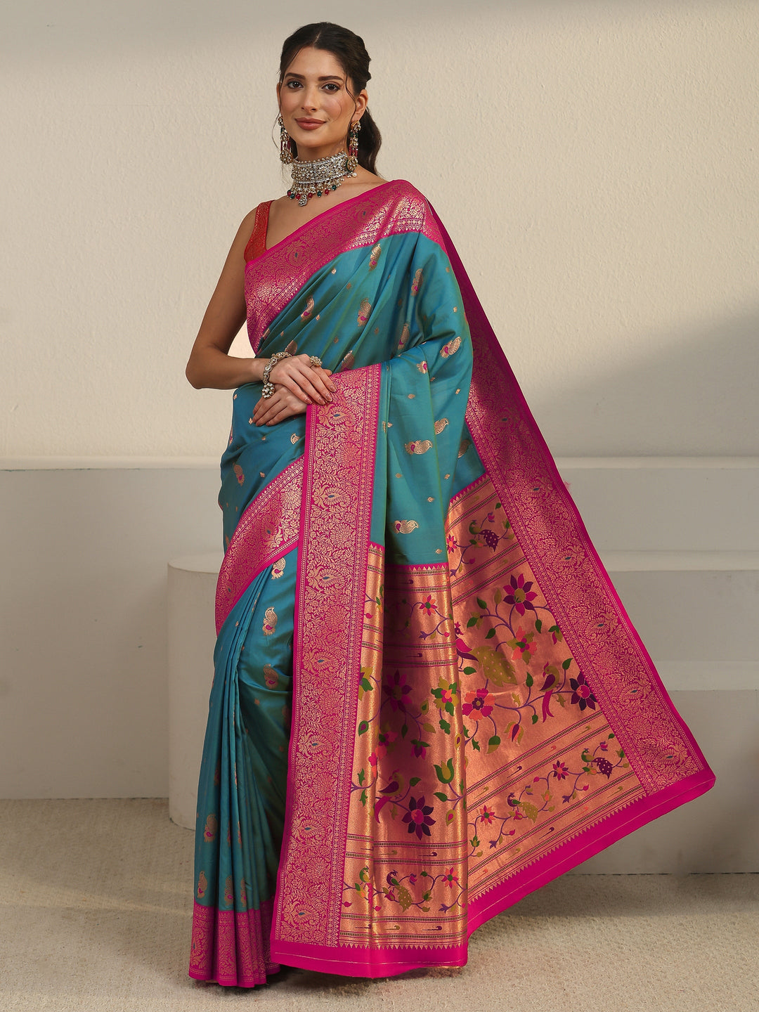  Libas Aqua Blue and Pink Silk Blend Paithani Saree 