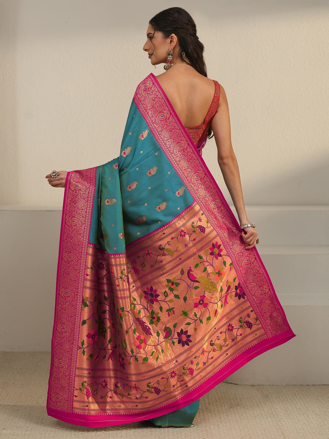  Libas Aqua Blue and Pink Silk Blend Paithani Saree 