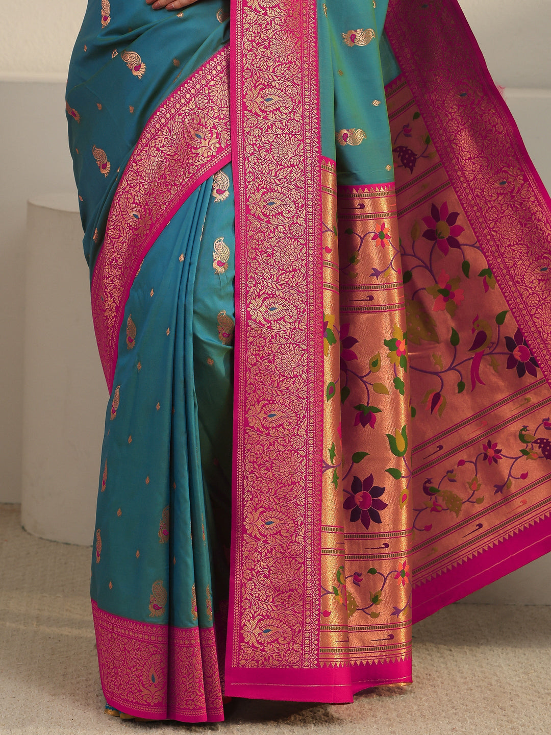  Libas Aqua Blue and Pink Silk Blend Paithani Saree 