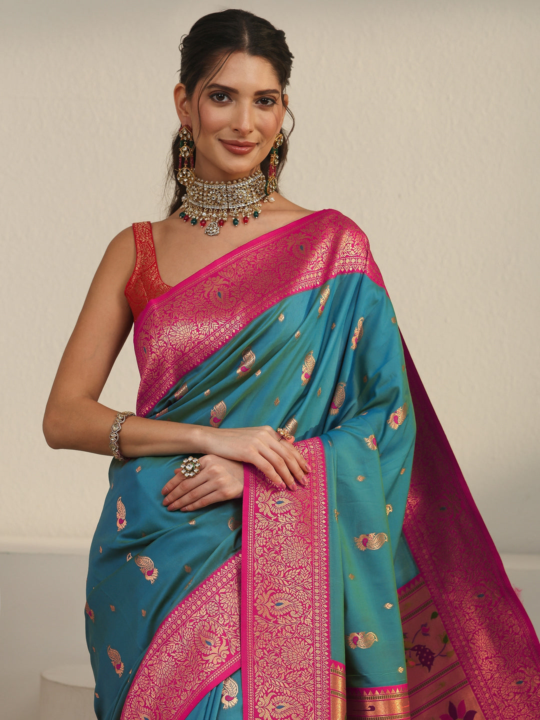  Libas Aqua Blue and Pink Silk Blend Paithani Saree 