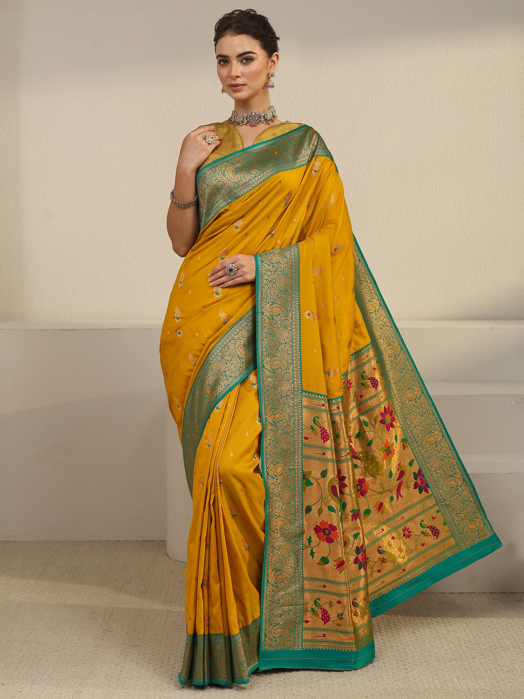  Libas Mustard and Green Silk Blend Paithani Saree 