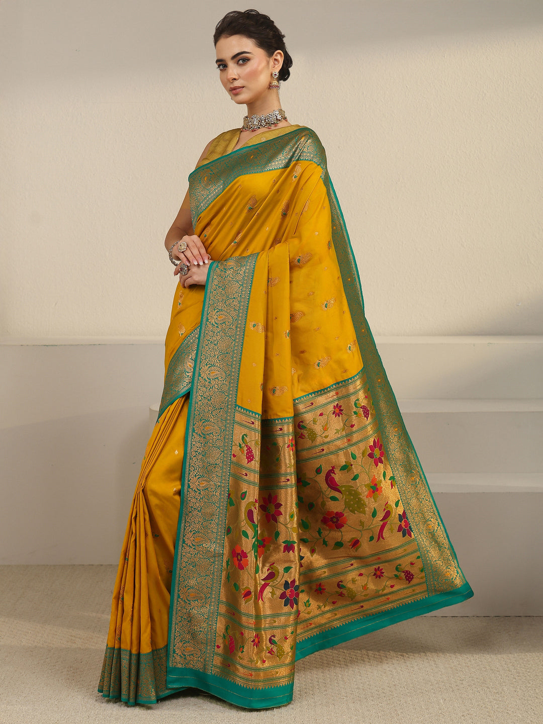  Libas Mustard and Green Silk Blend Paithani Saree 