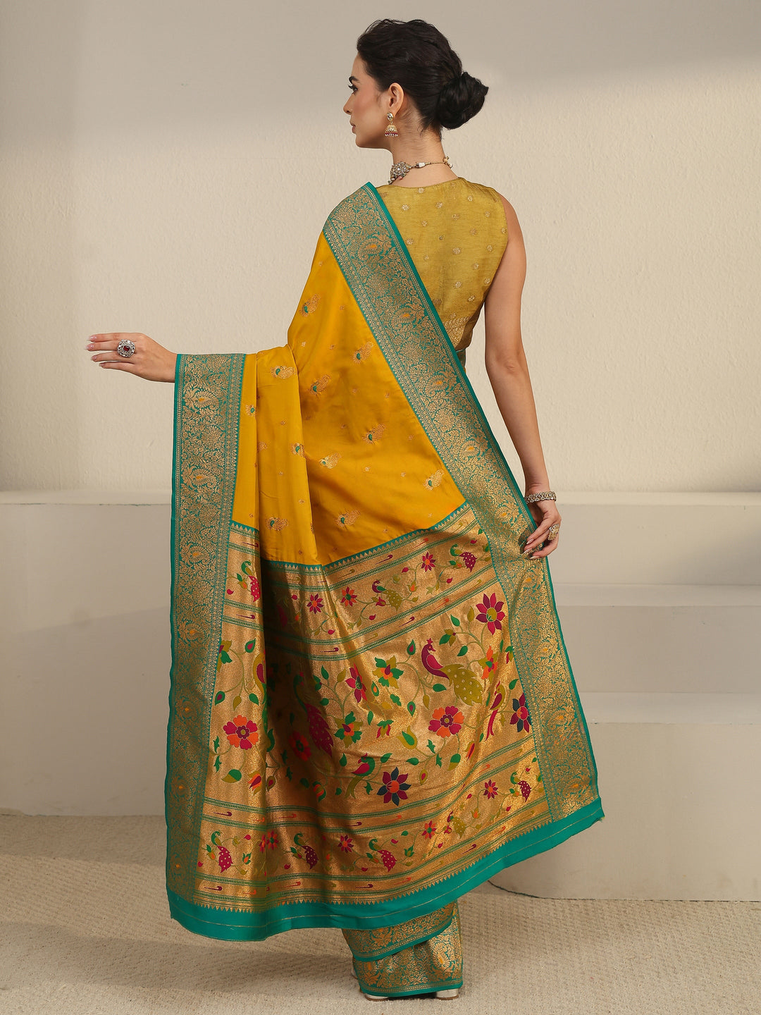  Libas Mustard and Green Silk Blend Paithani Saree 