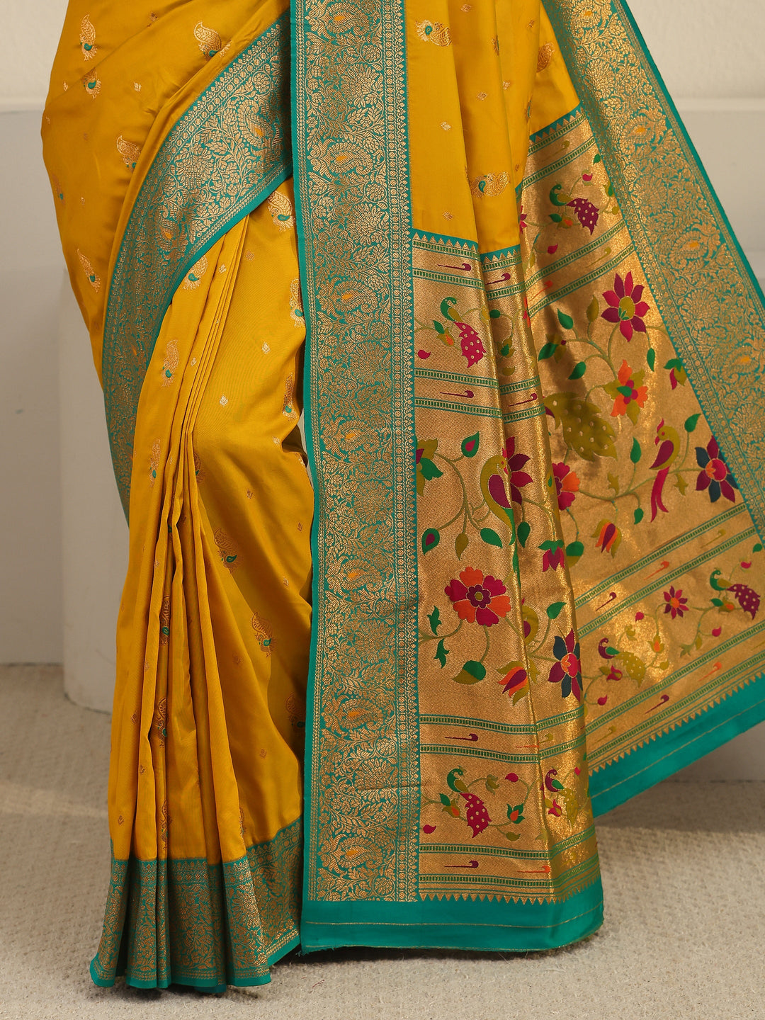  Libas Mustard and Green Silk Blend Paithani Saree 