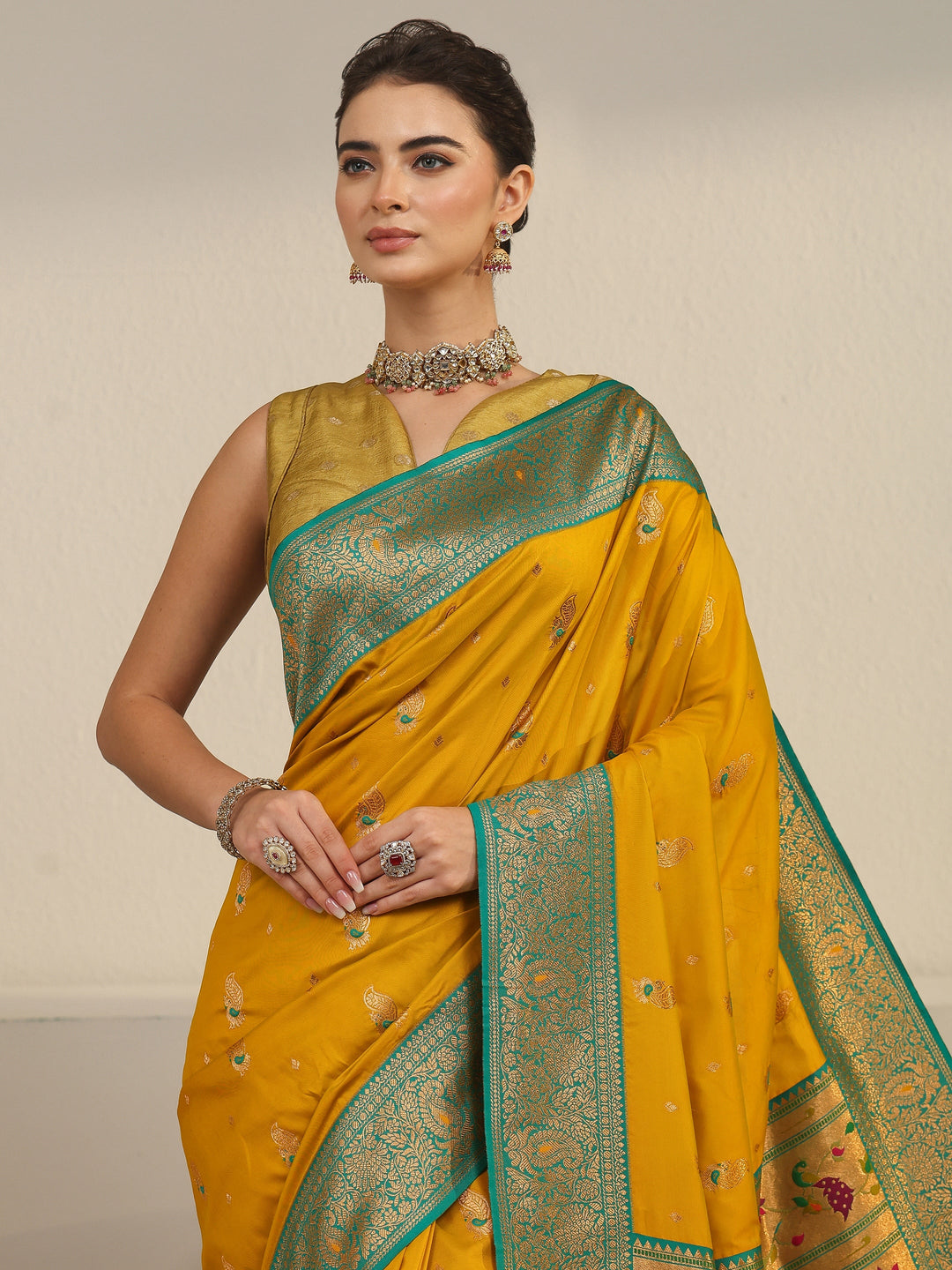  Libas Mustard and Green Silk Blend Paithani Saree 
