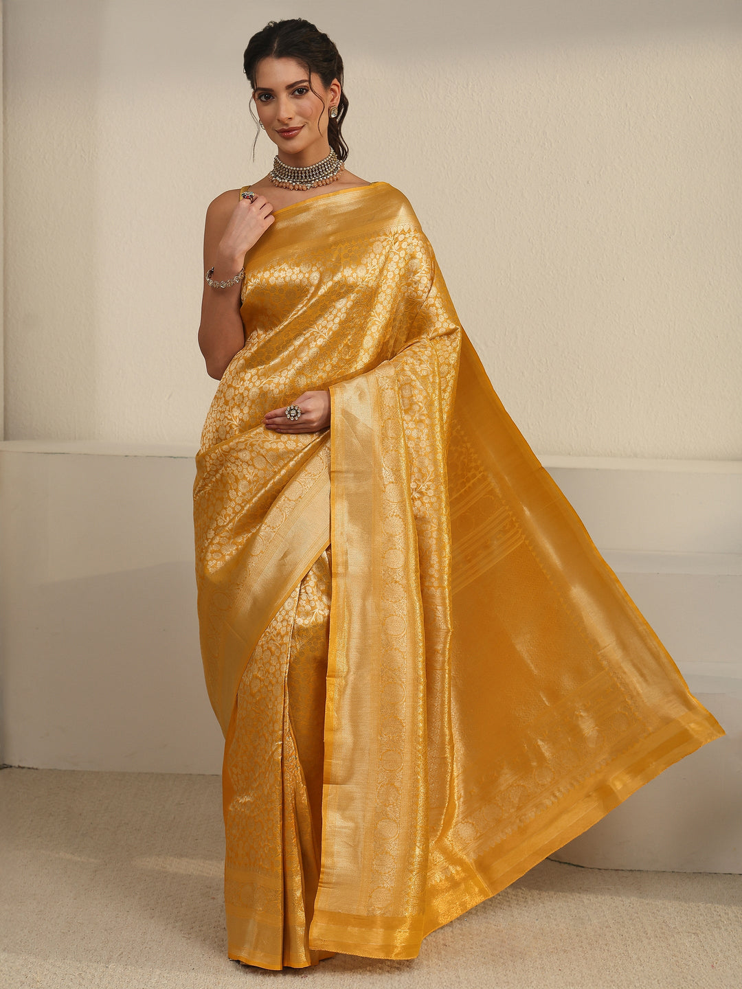  Libas Mustard Floral Woven Texture Silk Blend Saree 