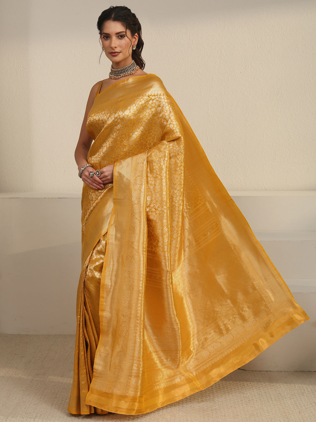  Libas Mustard Floral Woven Texture Silk Blend Saree 