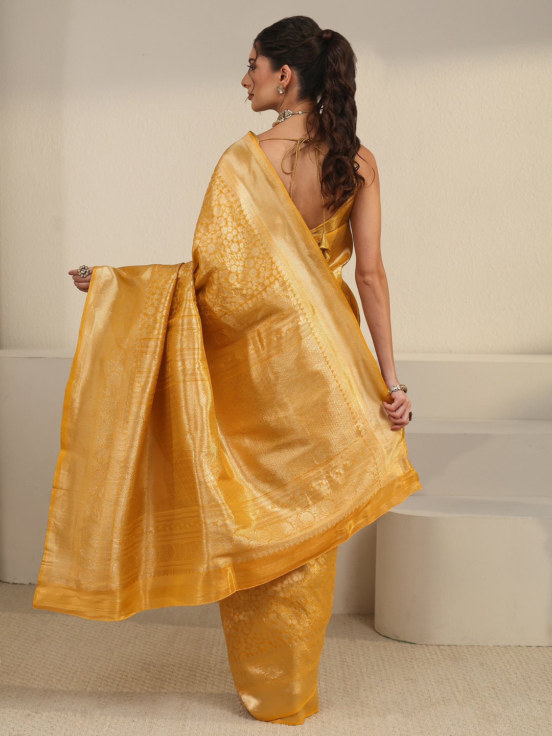  Libas Mustard Floral Woven Texture Silk Blend Saree 