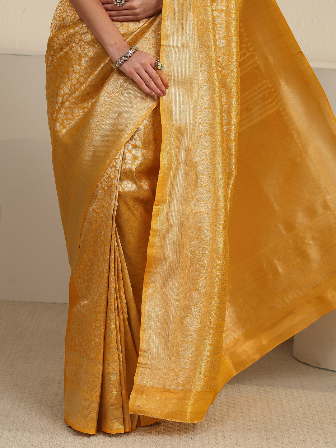  Libas Mustard Floral Woven Texture Silk Blend Saree 