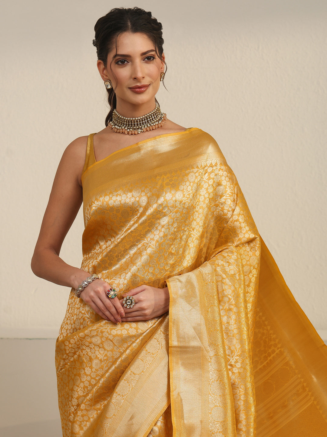  Libas Mustard Floral Woven Texture Silk Blend Saree 