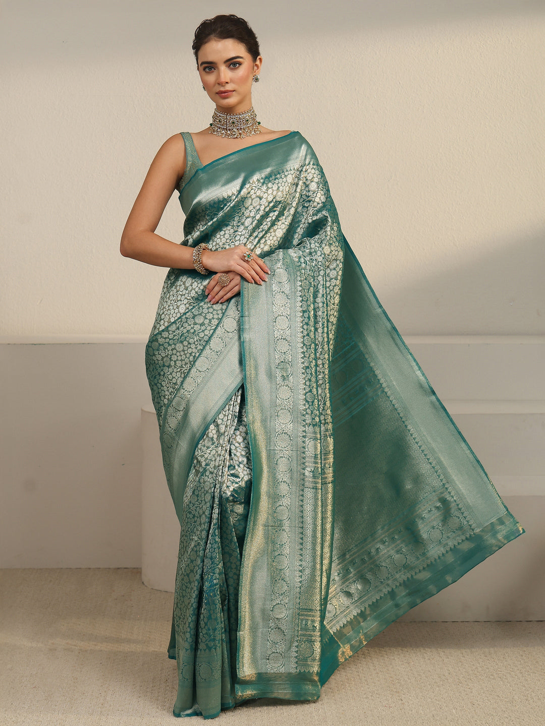  Libas Sea Green Floral Woven Design Silk Blend Saree 