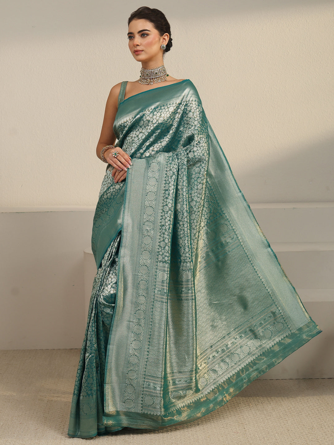 Libas Sea Green Floral Woven Design Silk Blend Saree 