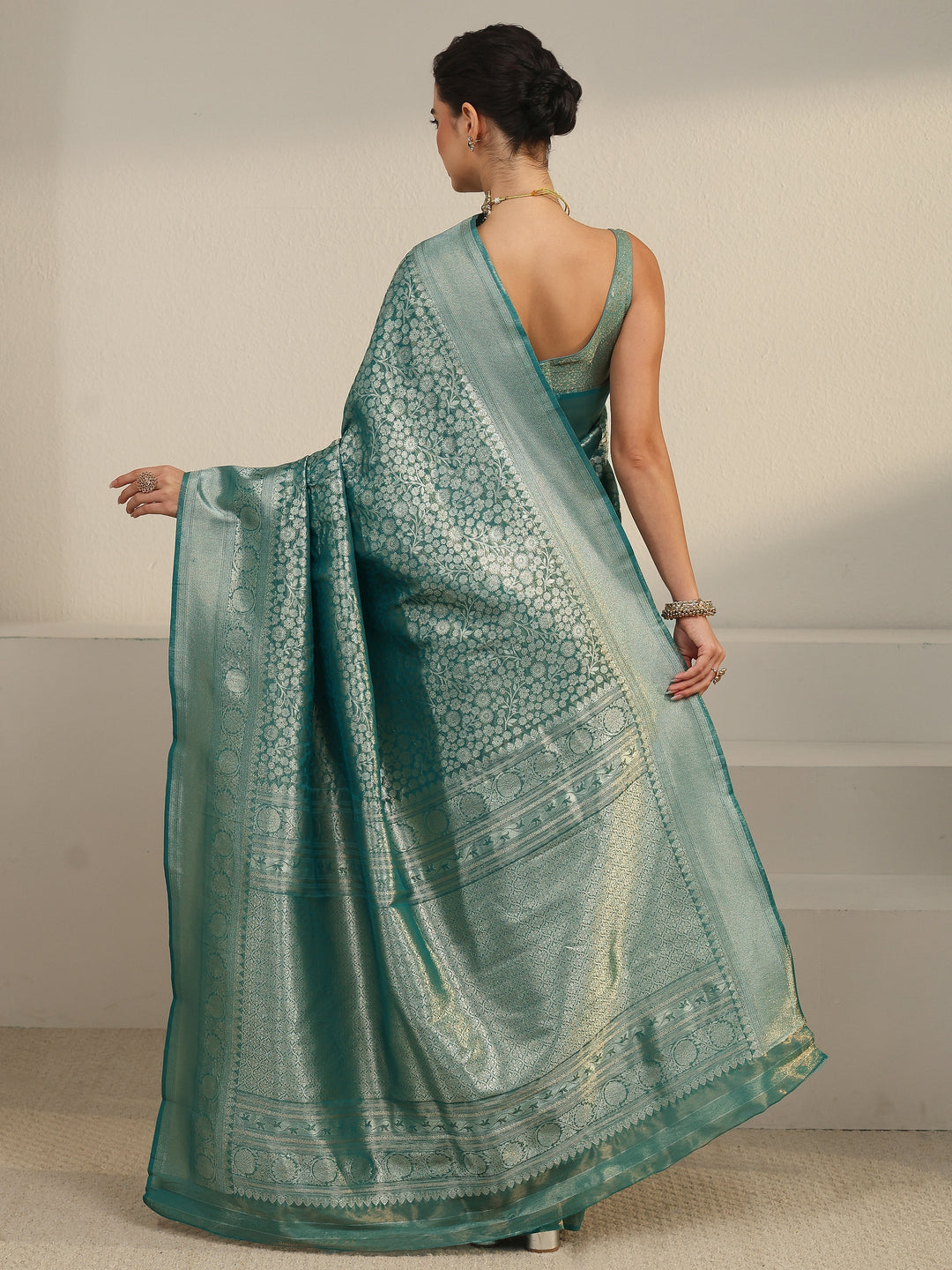  Libas Sea Green Floral Woven Design Silk Blend Saree 