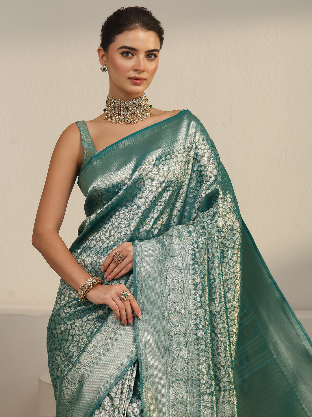  Libas Sea Green Floral Woven Design Silk Blend Saree 