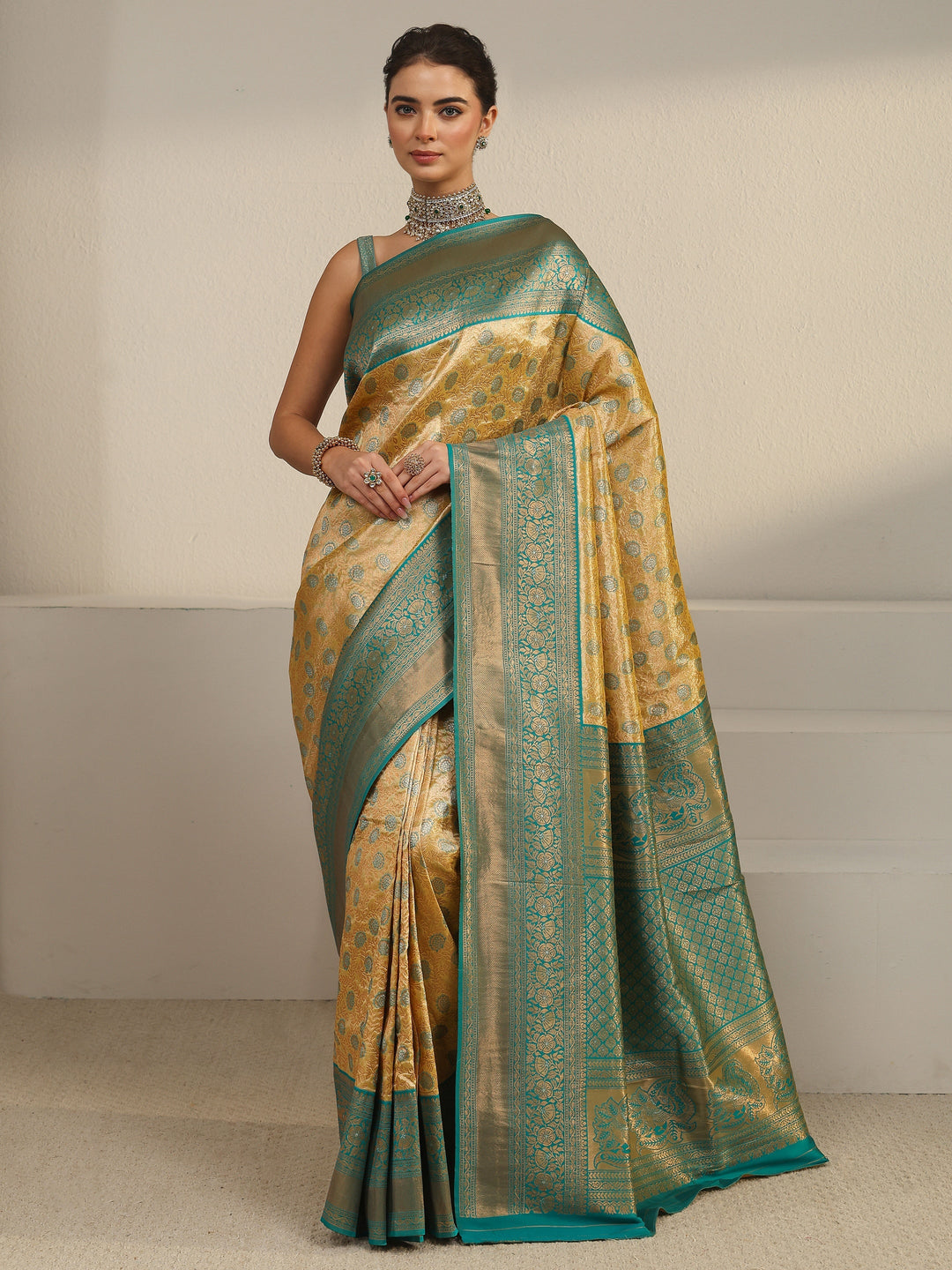  Libas Butter Yellow Floral Design Silk Blend Saree 