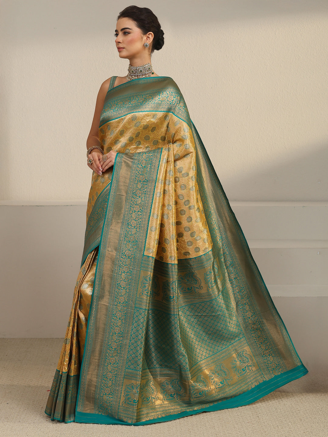  Libas Butter Yellow Floral Design Silk Blend Saree 