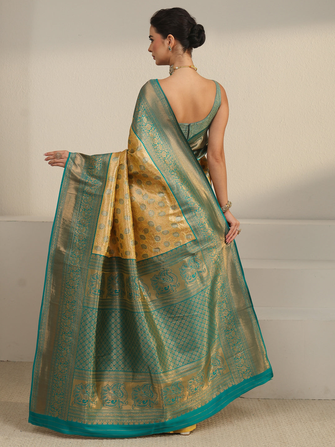  Libas Butter Yellow Floral Design Silk Blend Saree 
