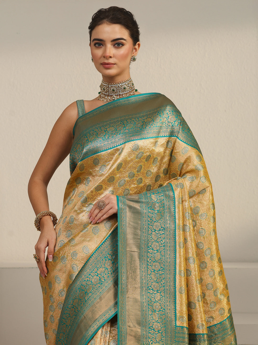  Libas Butter Yellow Floral Design Silk Blend Saree 