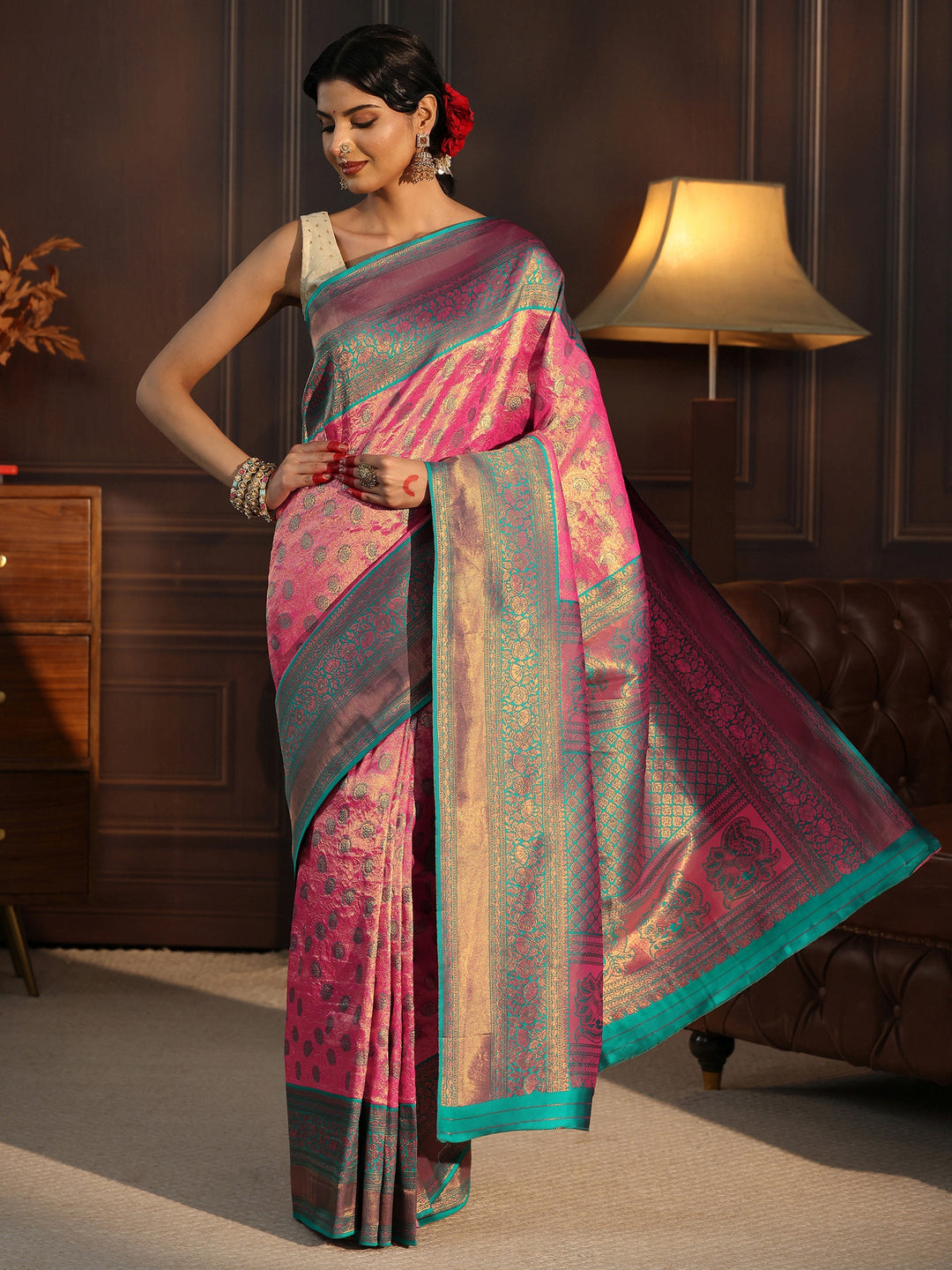  Libas Bubblegum Pink Woven Design Silk Blend Saree 