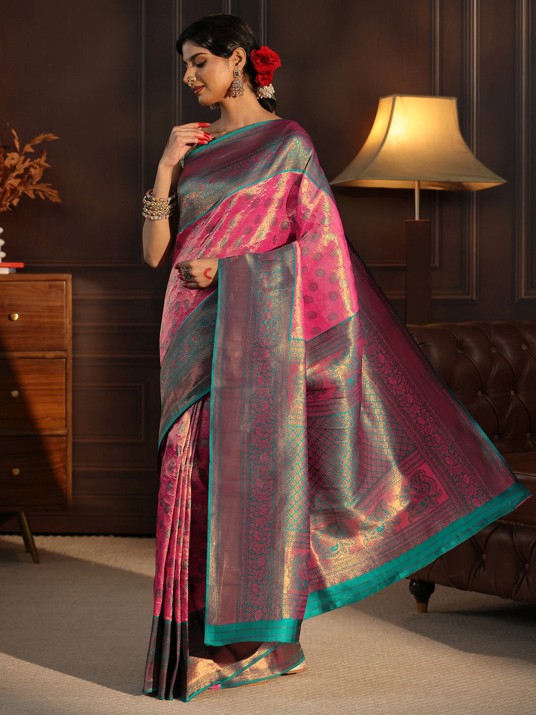  Libas Bubblegum Pink Woven Design Silk Blend Saree 