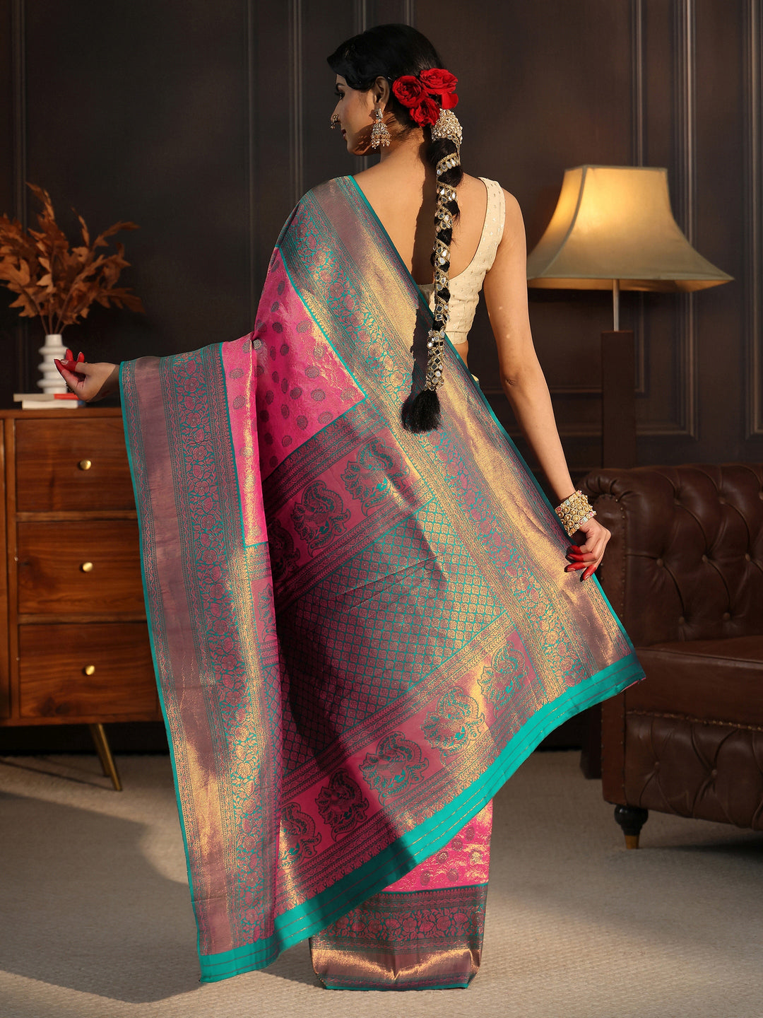  Libas Bubblegum Pink Woven Design Silk Blend Saree 