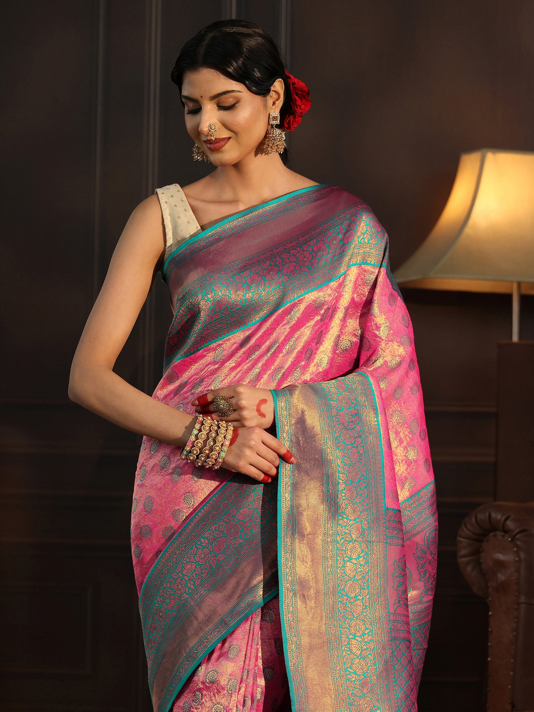  Libas Bubblegum Pink Woven Design Silk Blend Saree 