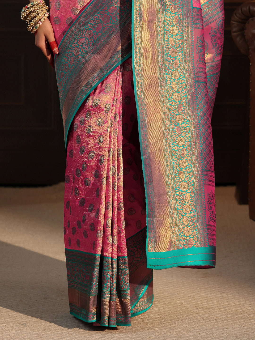  Libas Bubblegum Pink Woven Design Silk Blend Saree 