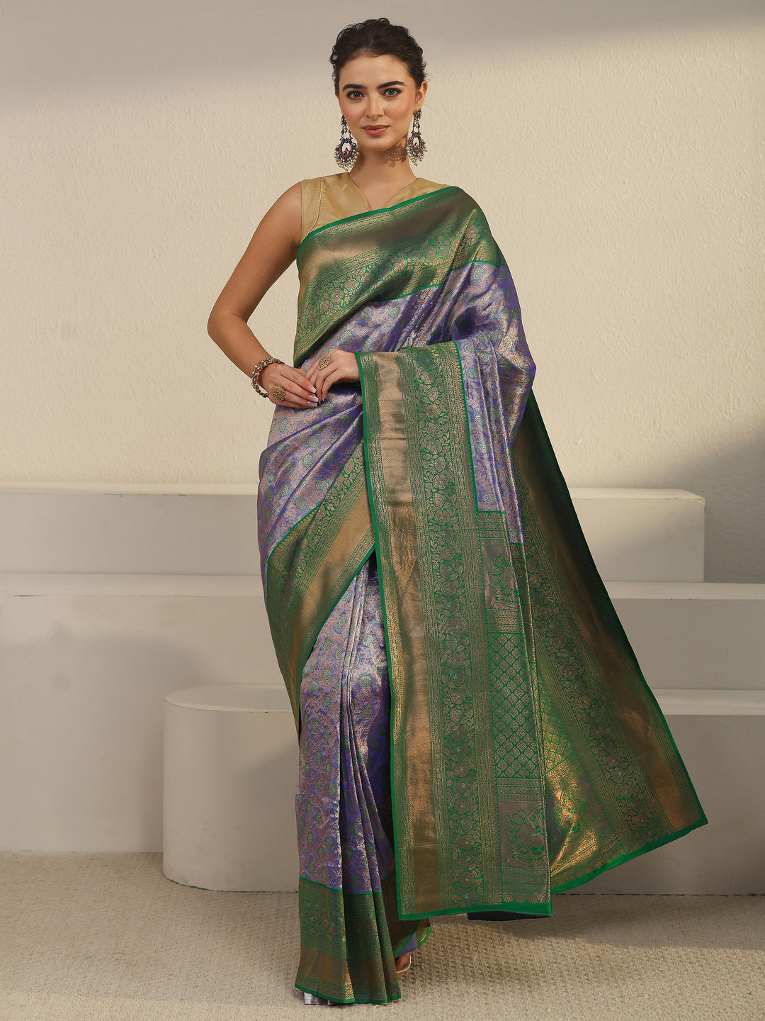  Libas Purple Floral Woven Design Banarasi Silk Blend Saree 