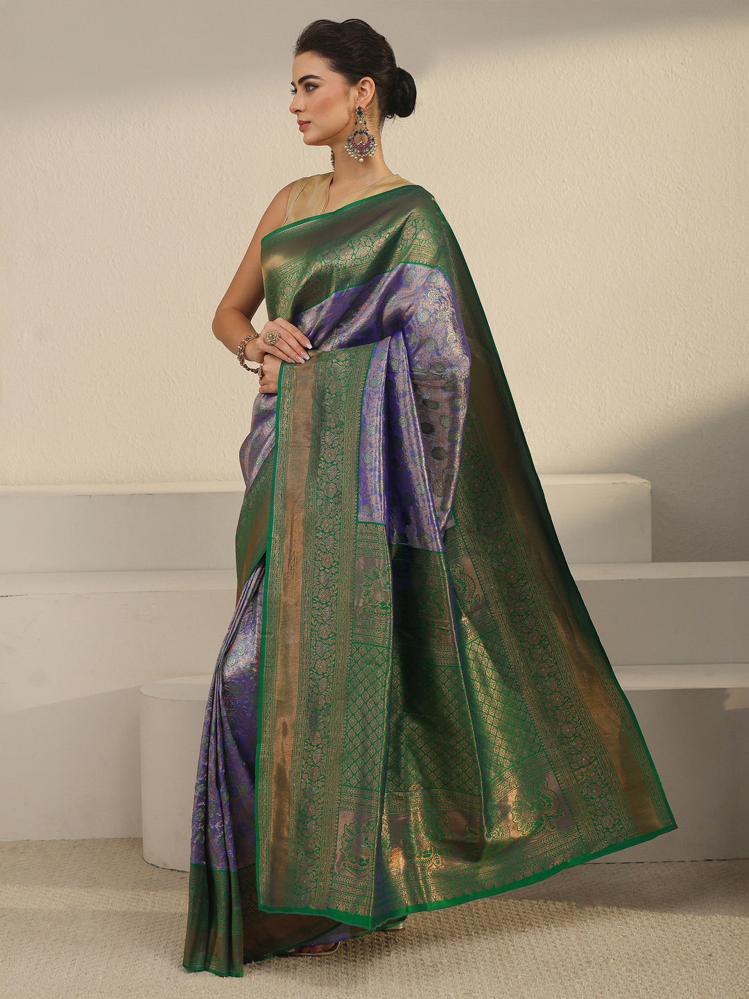  Libas Purple Floral Woven Design Banarasi Silk Blend Saree 