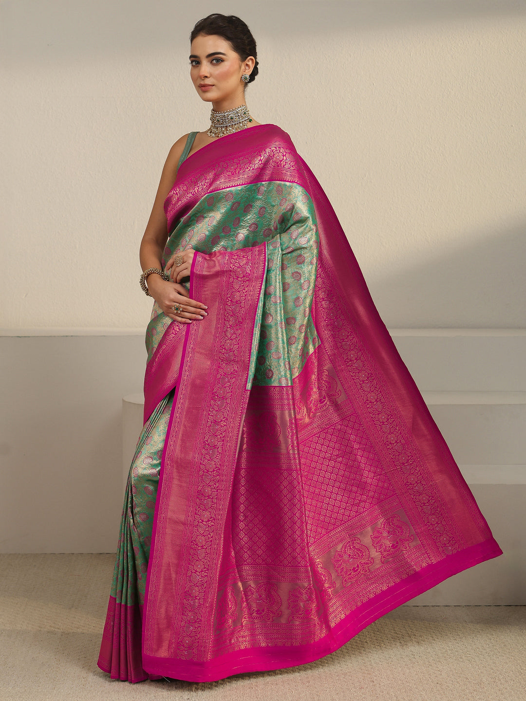 Libas Green and Pink Floral Woven Design Banarasi Silk Blend Saree 