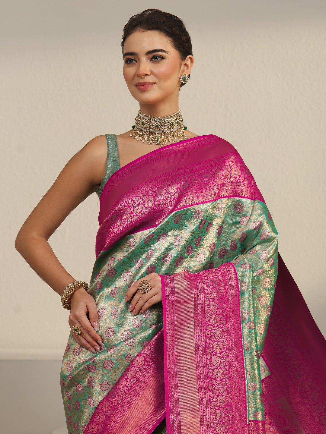  Libas Green and Pink Floral Woven Design Banarasi Silk Blend Saree 