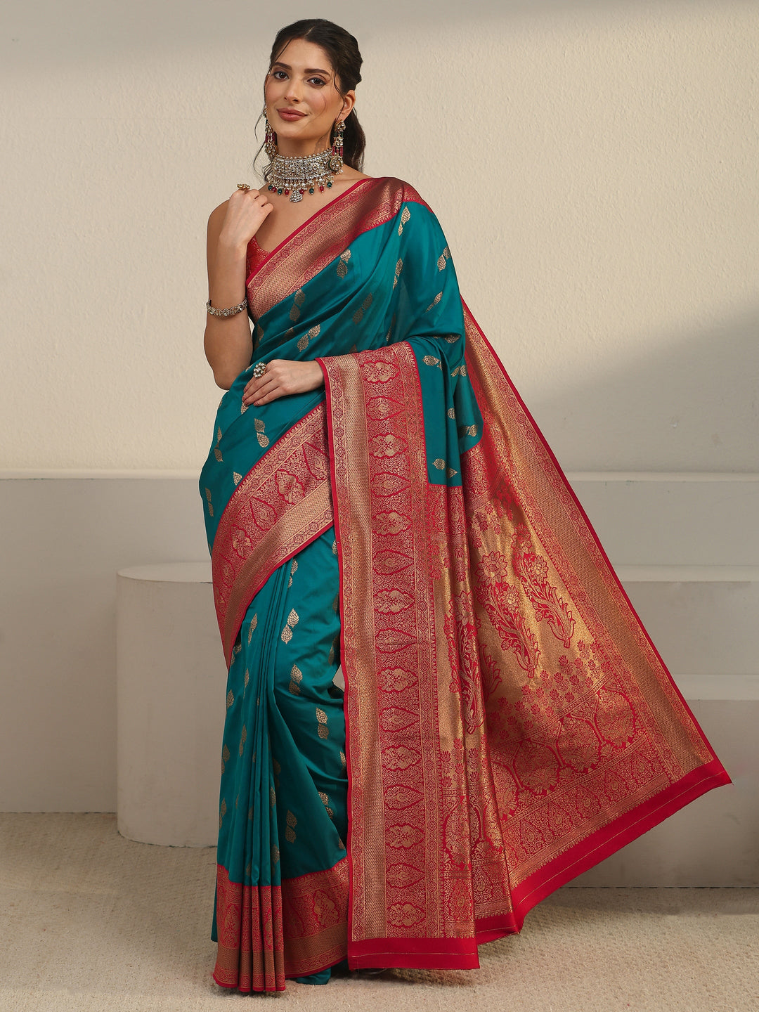  Libas Blue and Red Banarasi Silk Blend Saree 