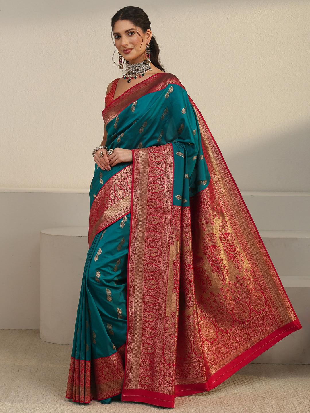  Libas Blue and Red Banarasi Silk Blend Saree 