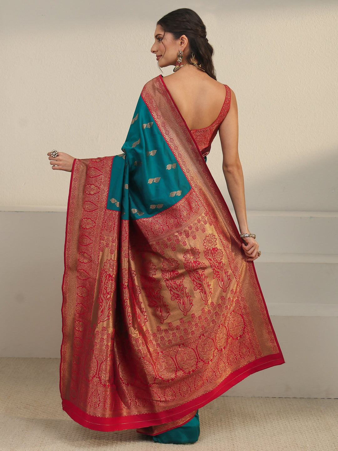  Libas Blue and Red Banarasi Silk Blend Saree 