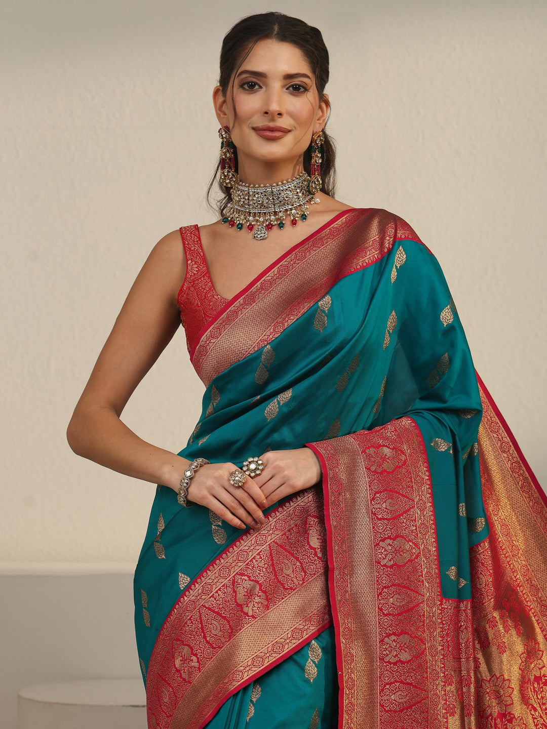  Libas Blue and Red Banarasi Silk Blend Saree 