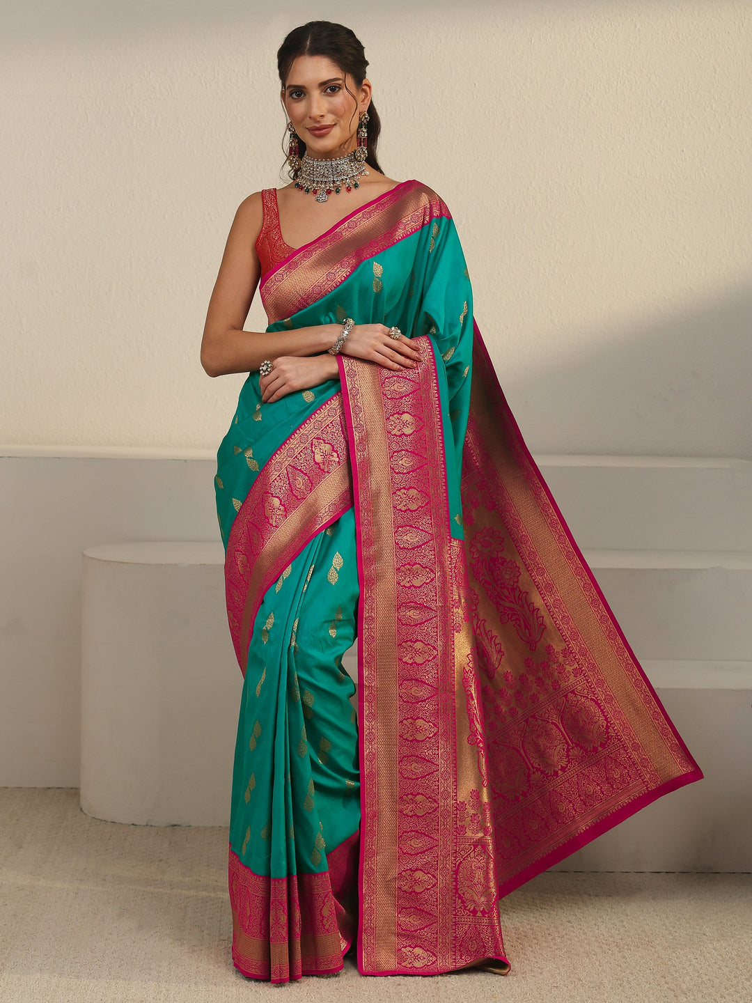 Libas Sea Green and Pink Banarasi Silk Blend Saree 