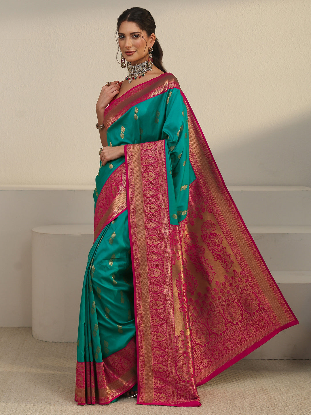  Libas Sea Green and Pink Banarasi Silk Blend Saree 
