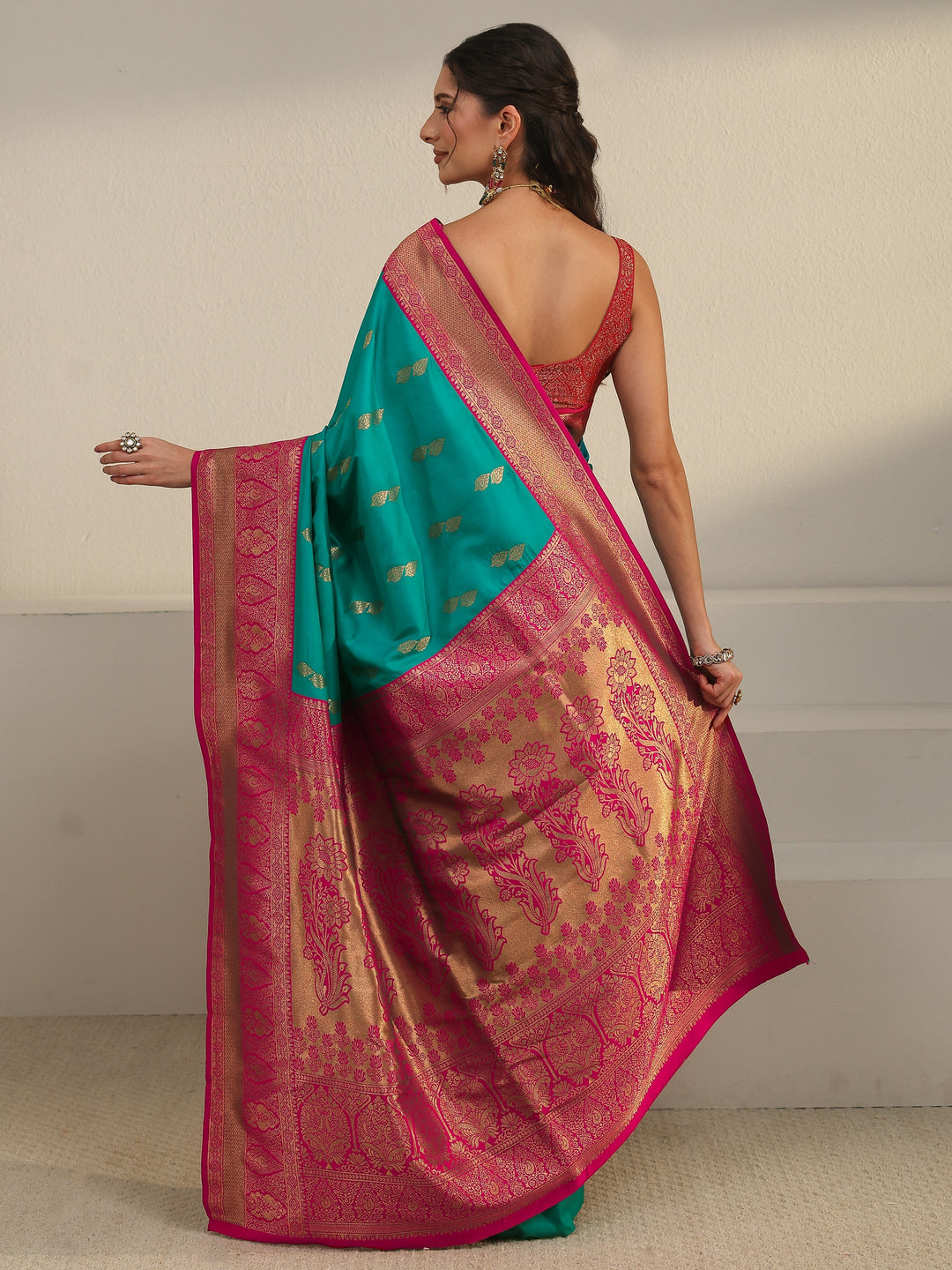  Libas Sea Green and Pink Banarasi Silk Blend Saree 