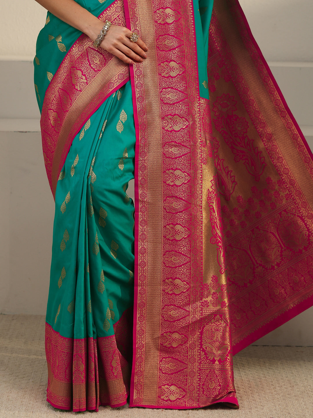  Libas Sea Green and Pink Banarasi Silk Blend Saree 