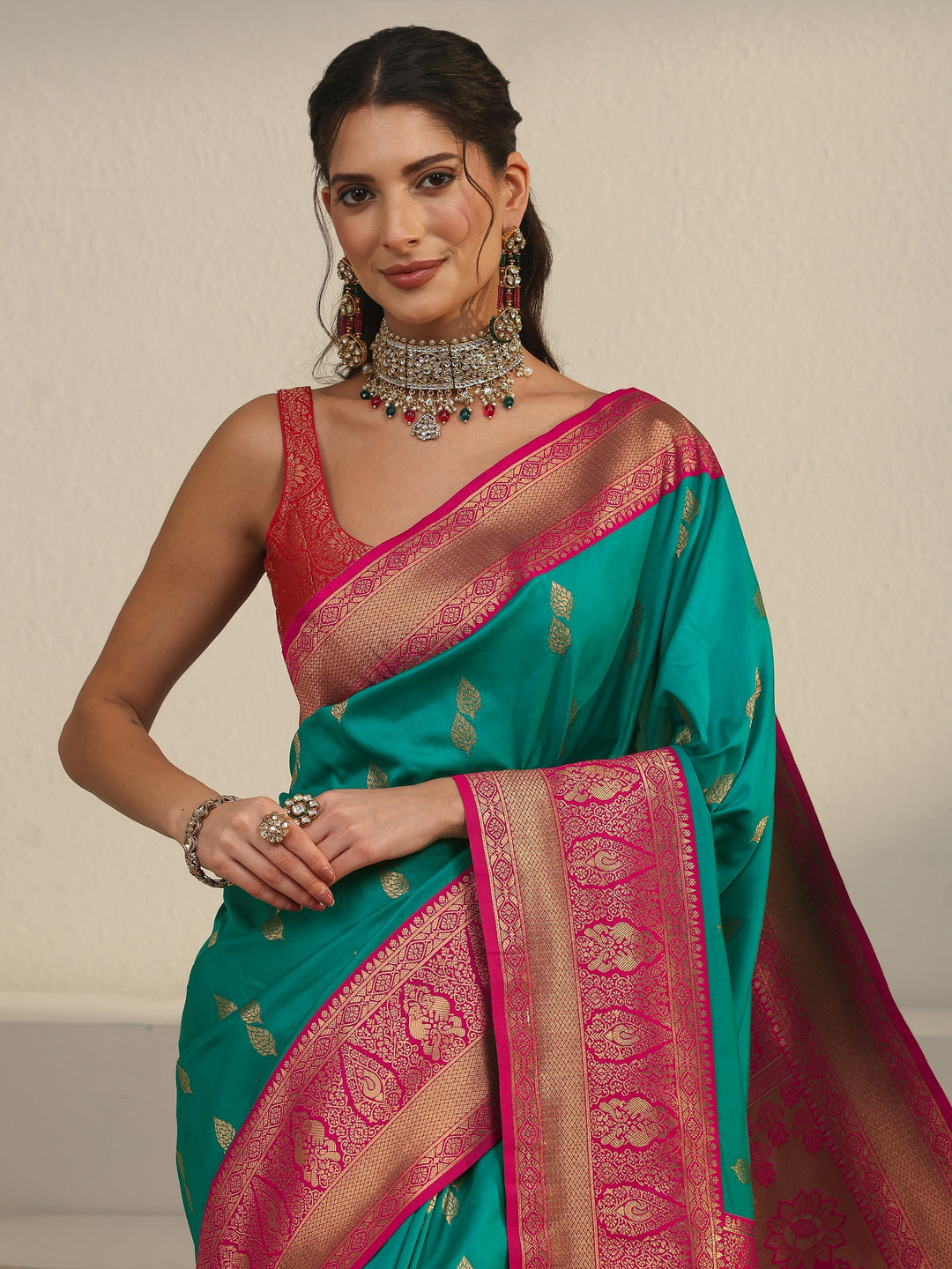 Libas Sea Green and Pink Banarasi Silk Blend Saree 