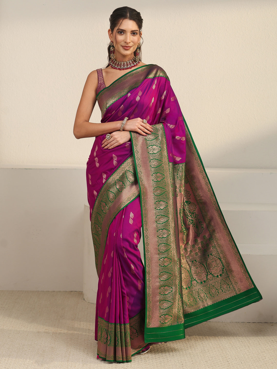  Libas Wine and Green Banarasi Silk Blend Saree 