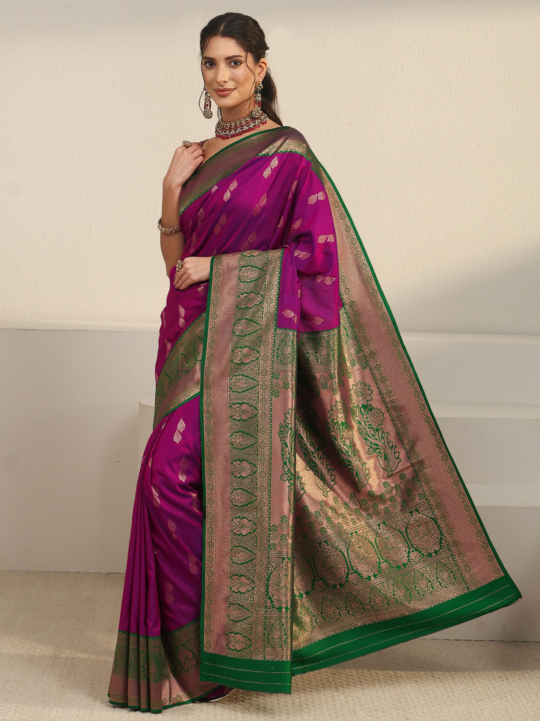  Libas Wine and Green Banarasi Silk Blend Saree 