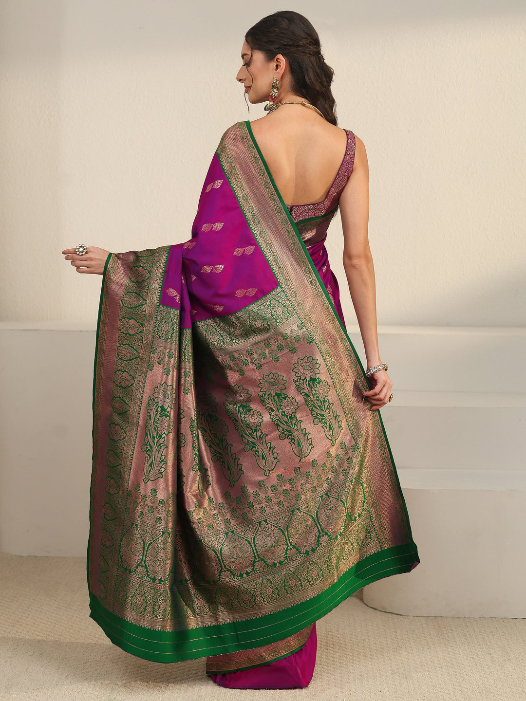 Libas Wine and Green Banarasi Silk Blend Saree 