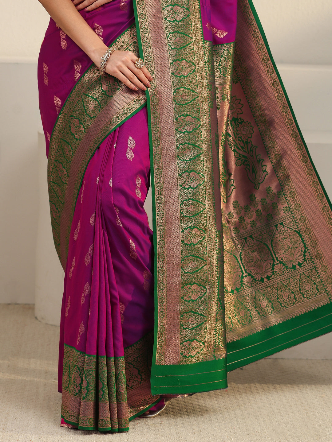  Libas Wine and Green Banarasi Silk Blend Saree 