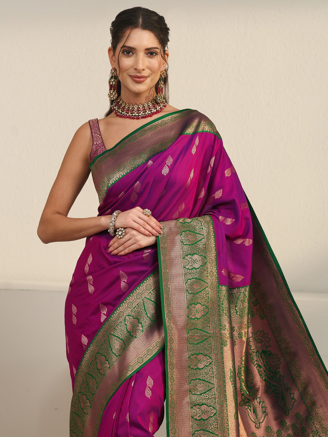  Libas Wine and Green Banarasi Silk Blend Saree 