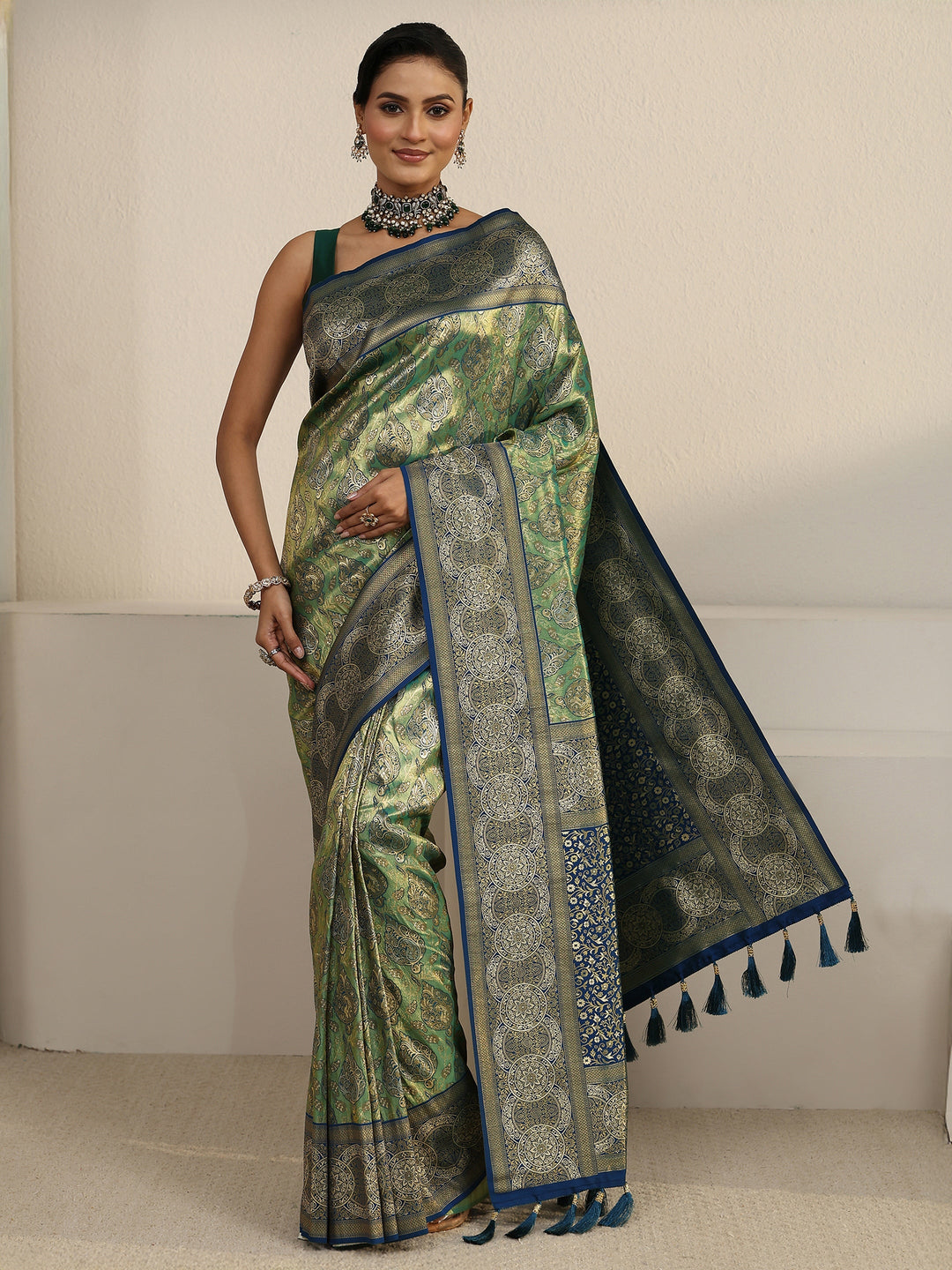  Libas Green and Blue Floral Woven Design Silk Bend Tassel Saree 