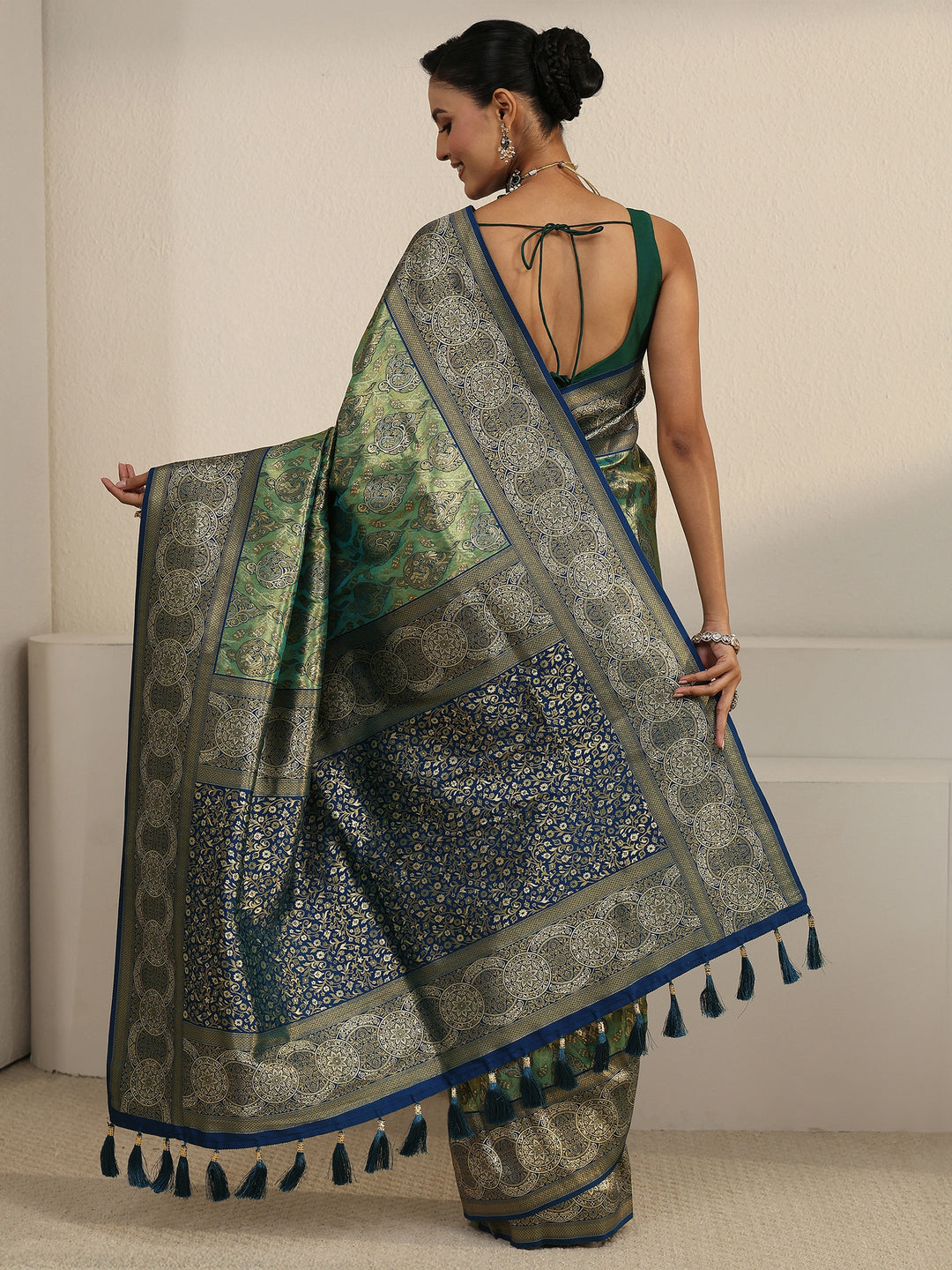  Libas Green and Blue Floral Woven Design Silk Bend Tassel Saree 