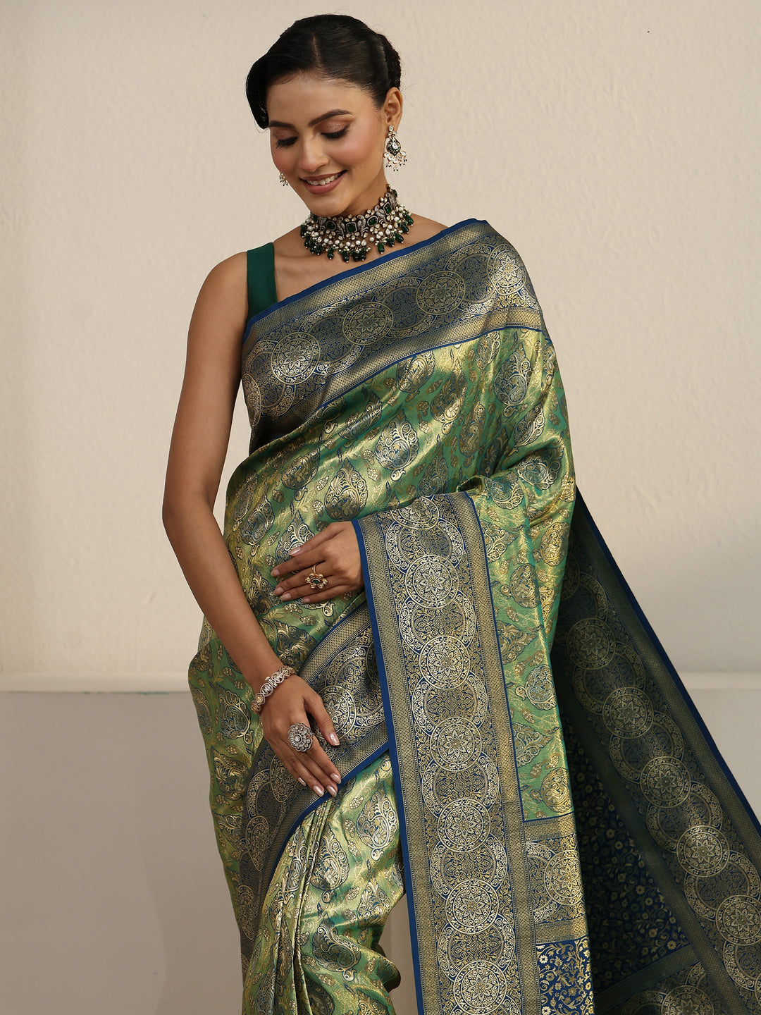  Libas Green and Blue Floral Woven Design Silk Bend Tassel Saree 