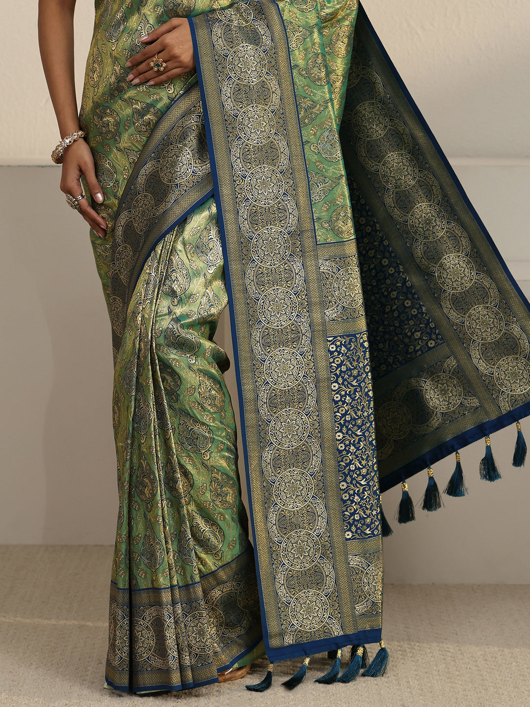 Libas Green and Blue Floral Woven Design Silk Bend Tassel Saree 