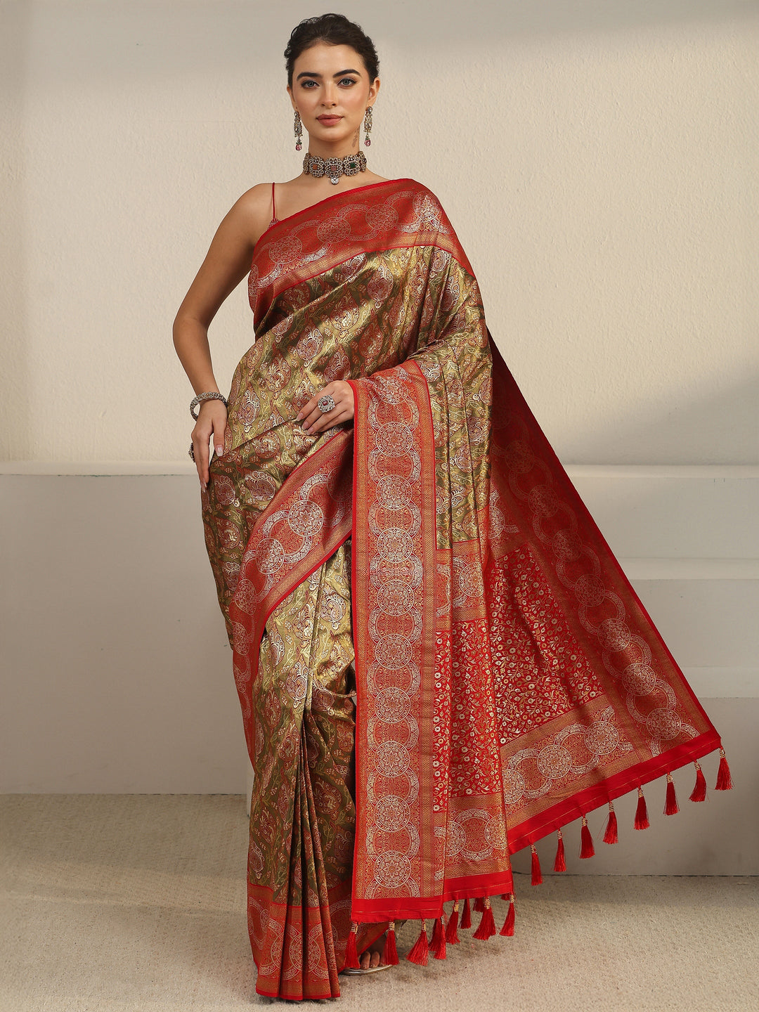  Libas Copper and Green Woven Design Silk Blend Saree 